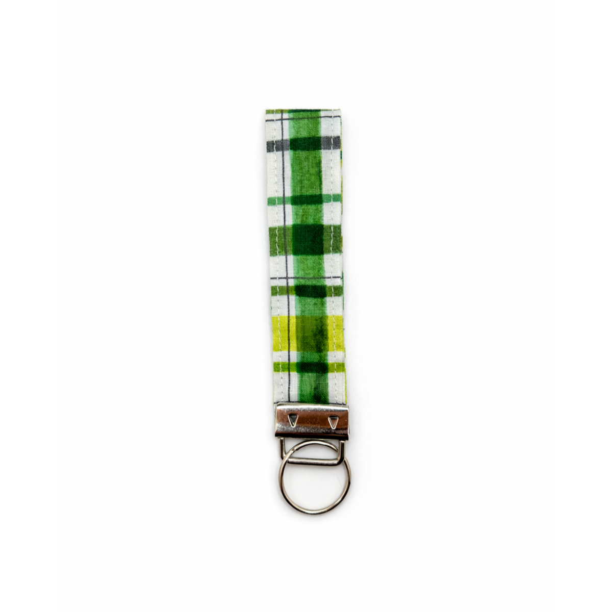 Green and white plaid fabric strap with a metal key ring, part of the Lucky Tails Keychain.
