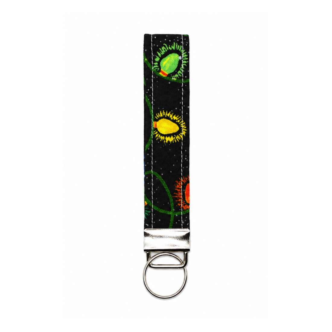 Black fabric keychain strap with colorful embroidered dots and a silver metal split ring.