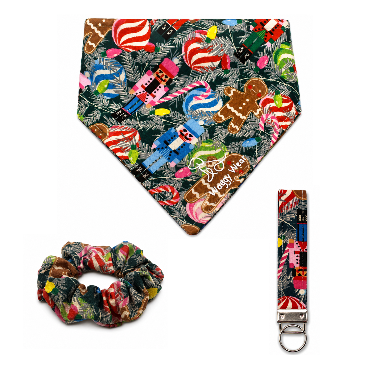 Festive Christmas tree pattern dog bandana, scrunchie, and keychain set featuring gingerbread men, candy canes, and a "Merry Wags" tag.