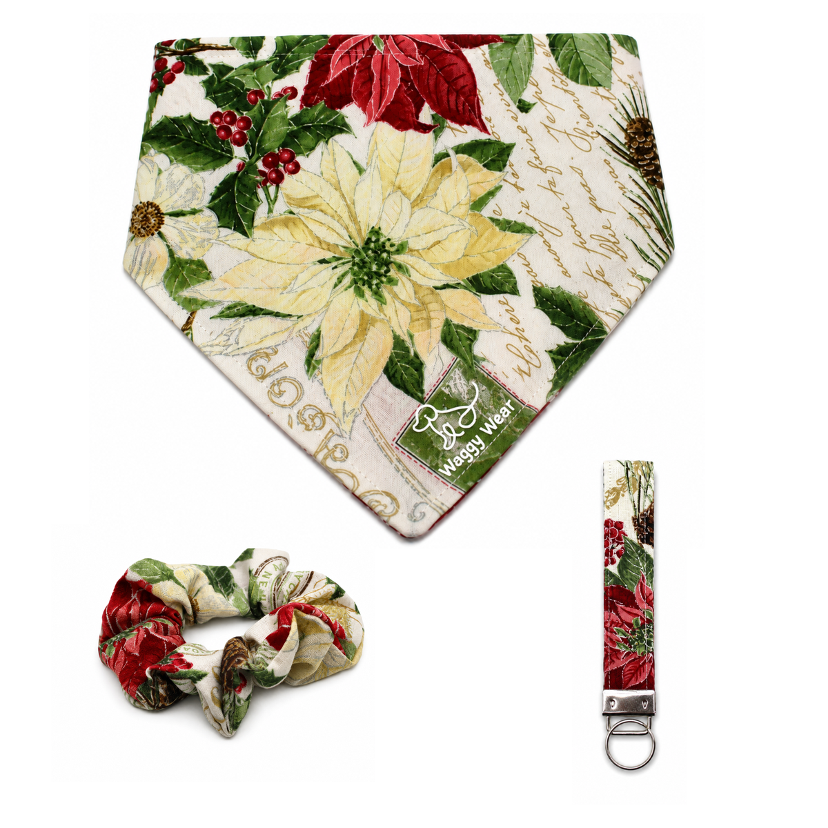 Holiday dog bandana with poinsettias and holly, matching scrunchie, and leash clip from Woofy Wear.