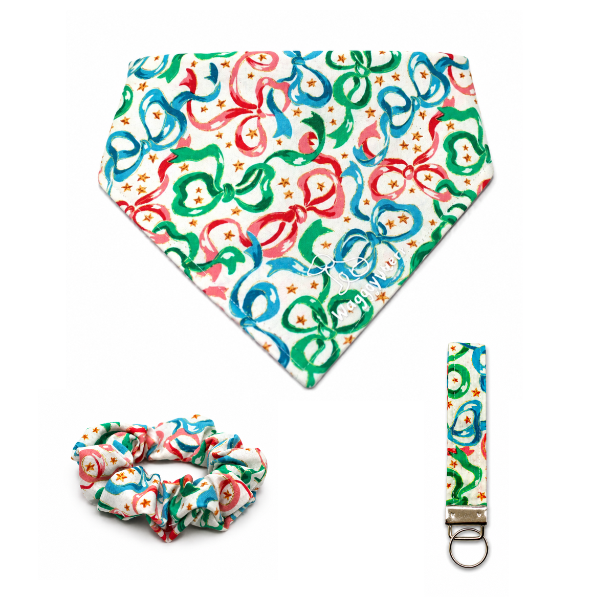 Colorful ribbon-patterned dog bandana, scrunchie, and keychain strap set from the Ribbon Magic Bundle.