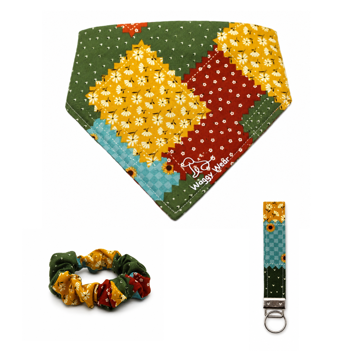 Floral patchwork dog bandana, scrunchie, and keychain in autumn tones from Waggy Wear