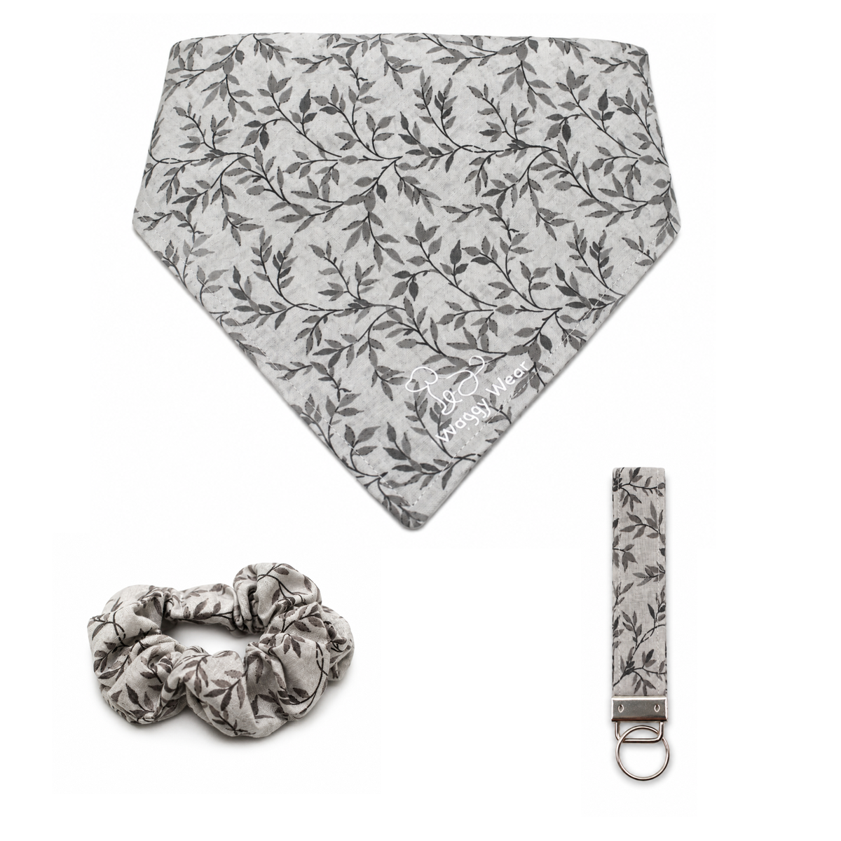 Grey dog bandana, scrunchie, and leash with dark vine pattern from the Spooky Vines Bundle.
