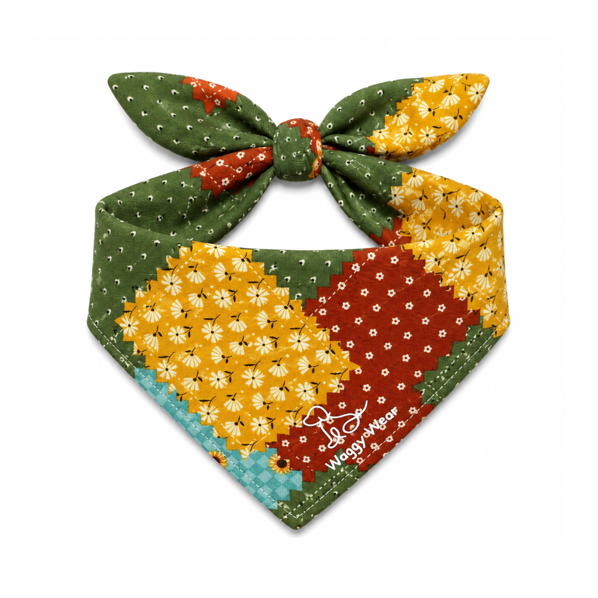 Green, yellow, and red floral tie-on dog bandana with a Waggy Wear logo.