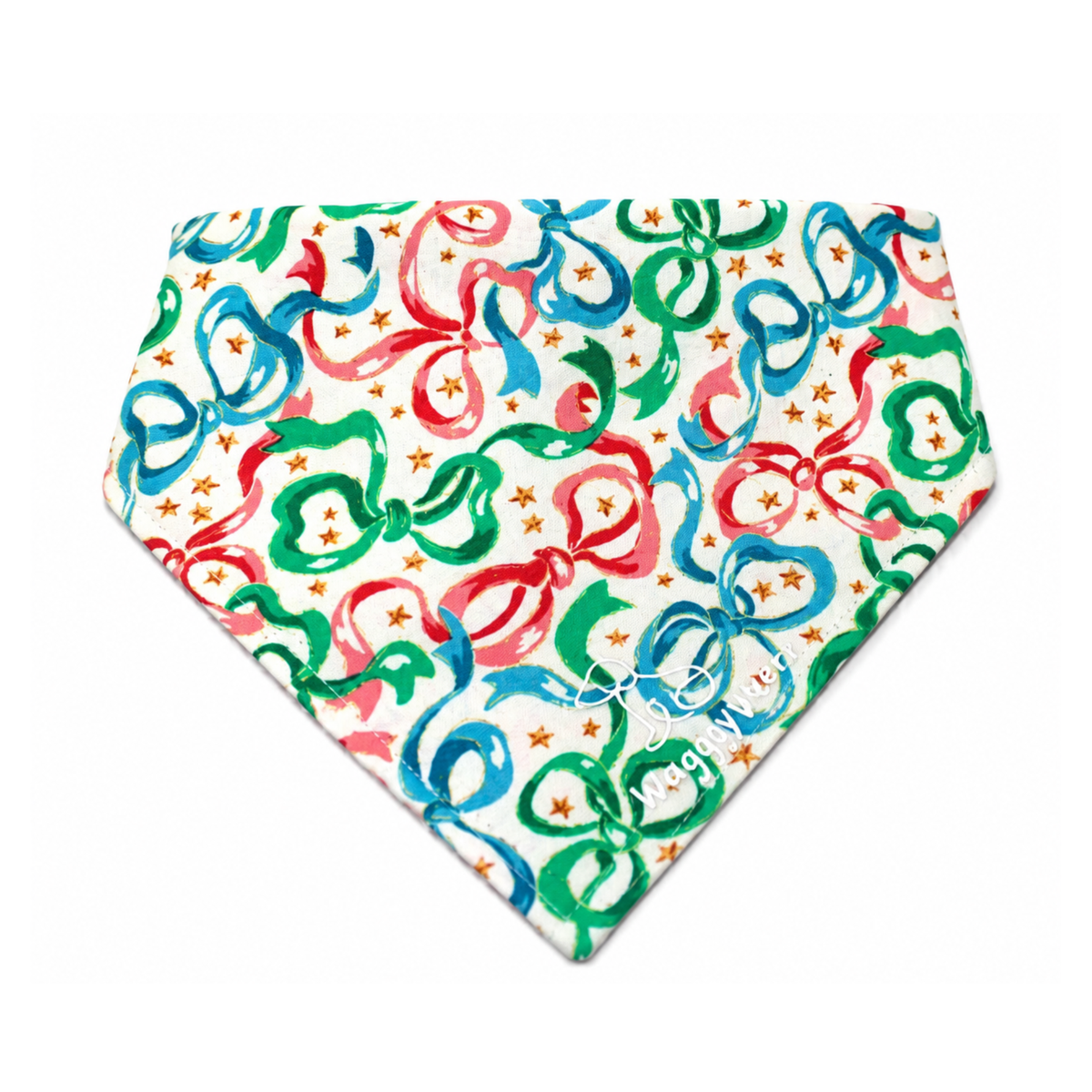 Multicolored ribbon pattern dog bandana with red, blue, and green bows on a white background.