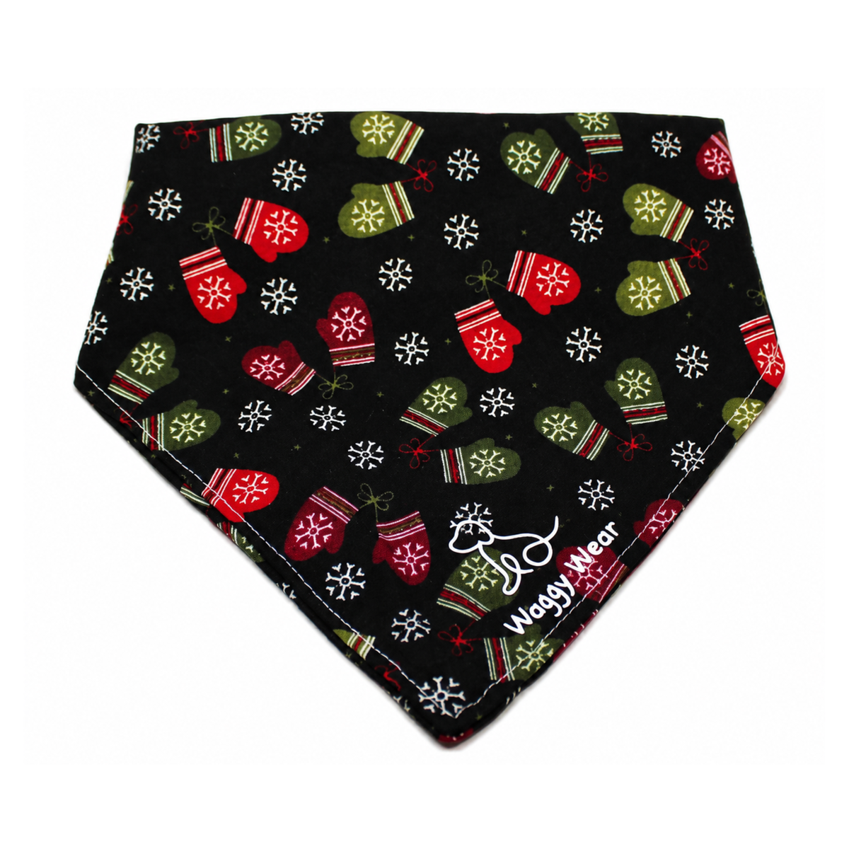 Black tie-on dog bandana featuring red and green mittens, snowflakes, and Waggy Wear branding.