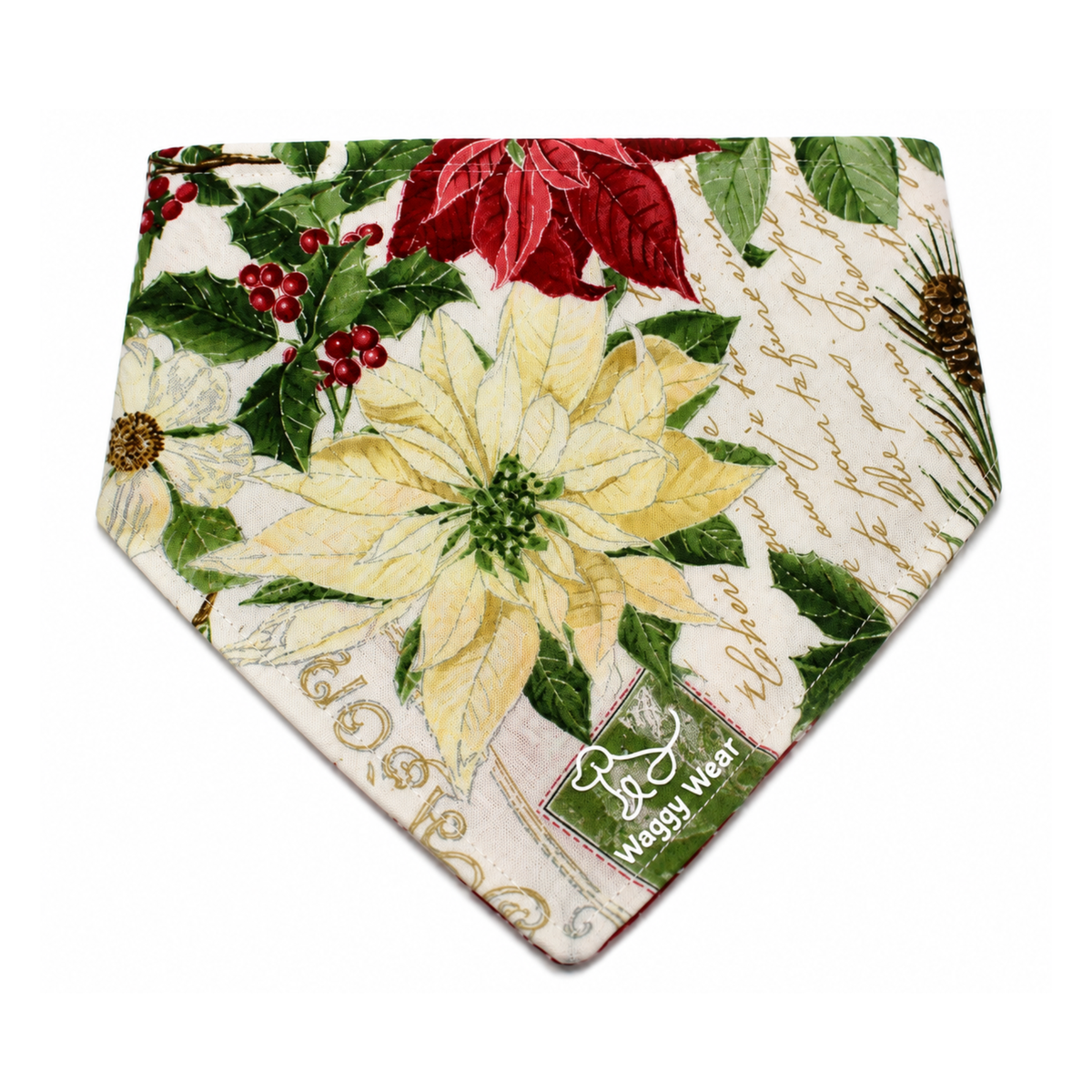 Waggy Wear tie-on dog bandana featuring cream and red poinsettias, holly berries, and vintage script on a white background.