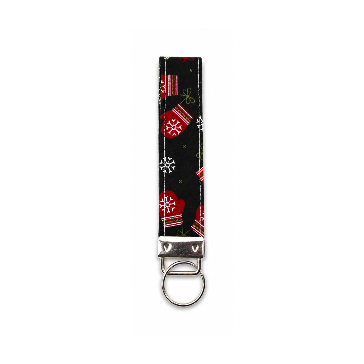 Black fabric keychain with red mittens and white snowflakes from the Snow Paws Bundle.