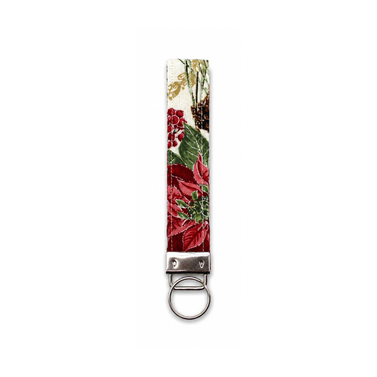 Red and green floral woven keychain with metal ring, Mistletoe & Magic holiday design.