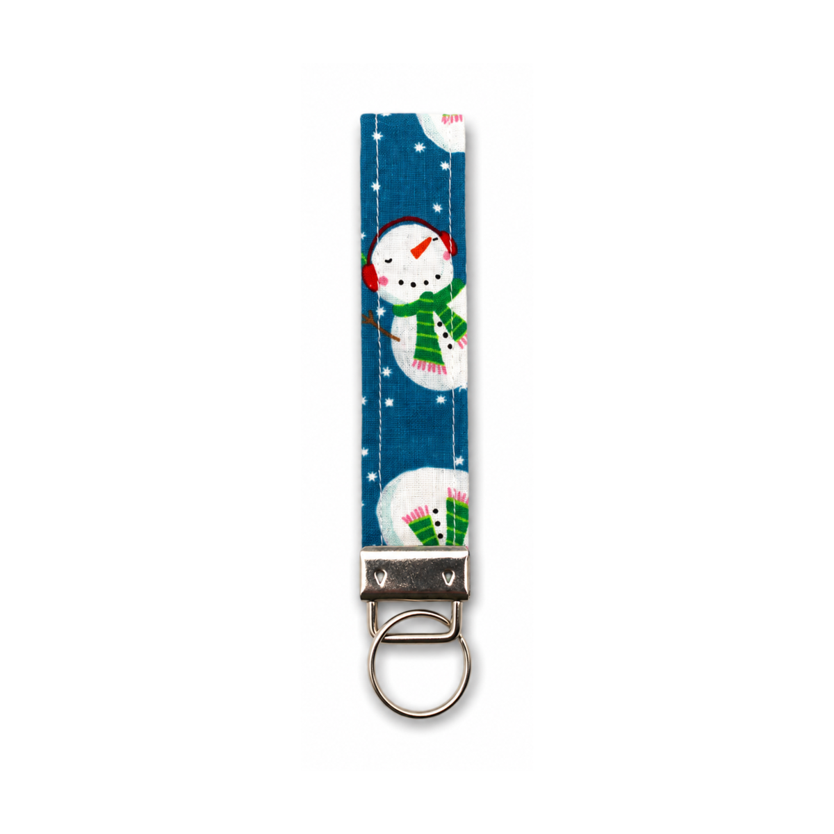 Blue fabric keychain strap with a snowman print and metal ring, part of the Snowman Season collection.